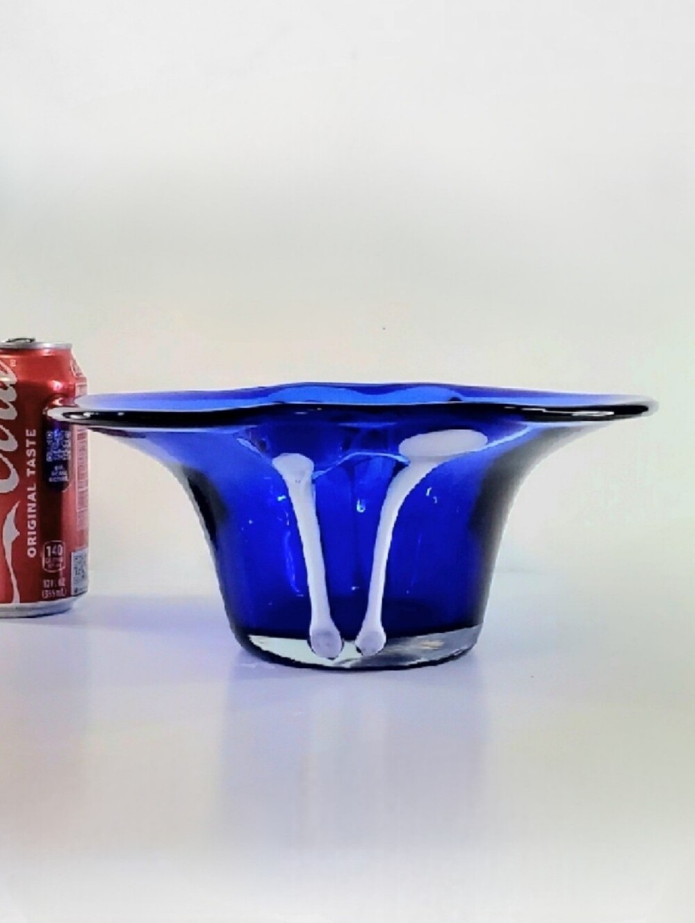 10 1/4" Bright Cobalt Blue White Cased Art Glass Free-form Bowl - Picture 14 of 16